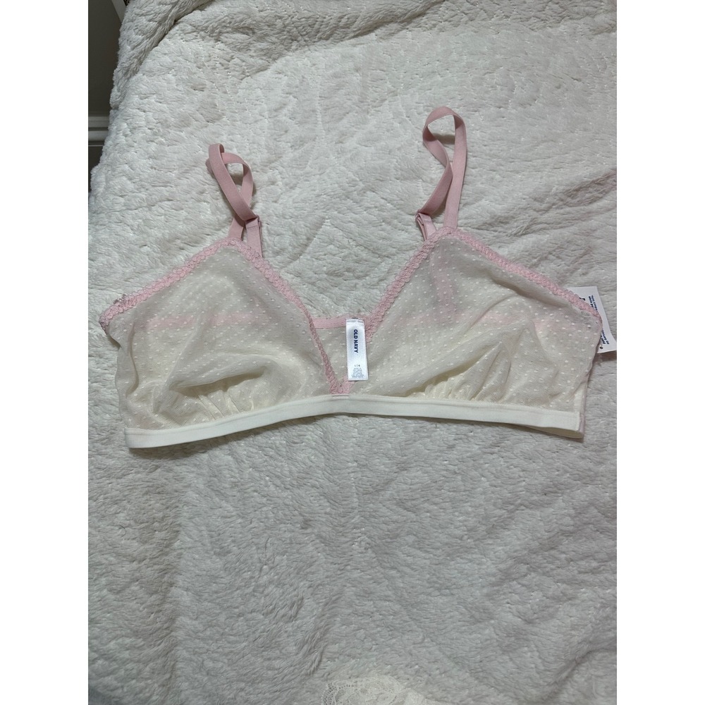 Old Navy Women Cream Pink Swiss Dot Mesh Lace Trim Triangle Bralette Large NWT
